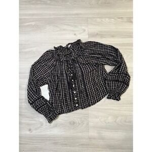 American Eagle Top Womens Outfitters Plaid Ruffled Neck Black White Size S